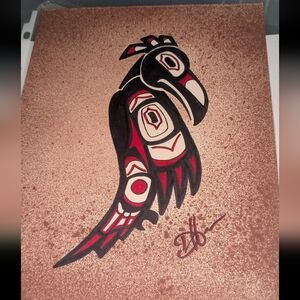 Native-Inspired Raven Artwork in Black, Red Ink Drawing 8x10